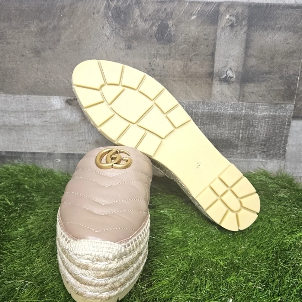 GUCCI Charlotte Matelasse gold GG Marmont logo platform espadrille jute mule - Picture 11 of 15